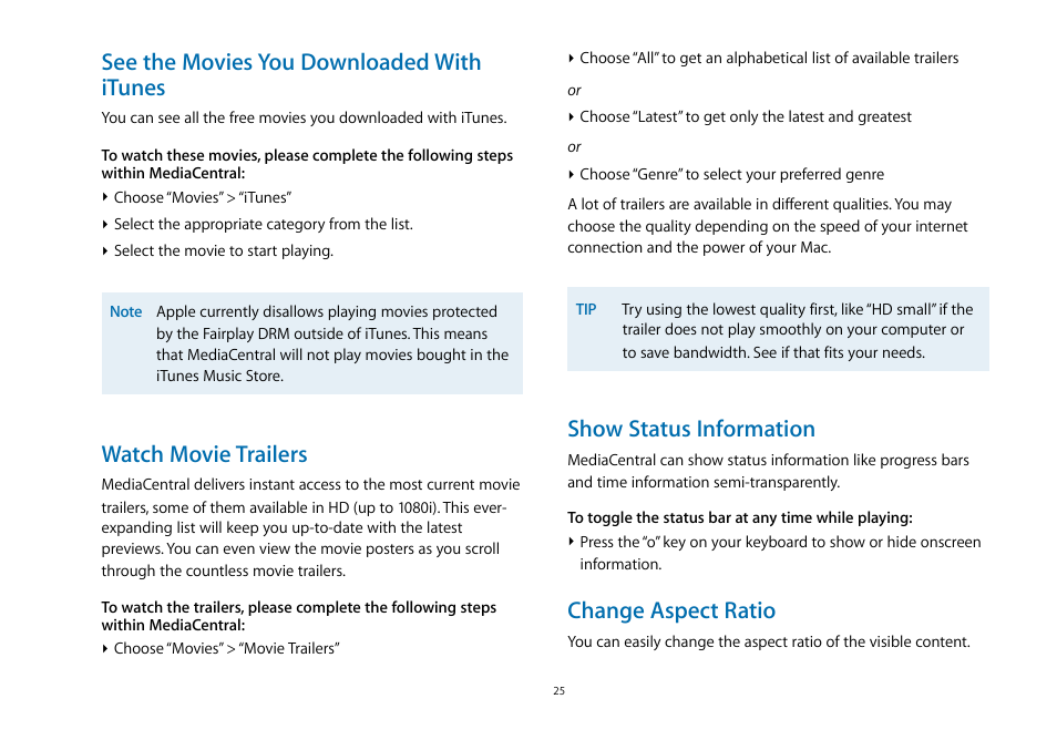 See the movies you downloaded with itunes, Watch movie trailers, Show status information | Change aspect ratio | equinux MediaCentral 2.8.10 User Manual | Page 25 / 46