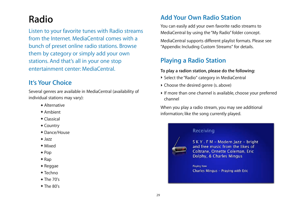 Radio, It‘s your choice, Add your own radio station | Playing a radio station | equinux MediaCentral 2.8.10 User Manual | Page 29 / 46