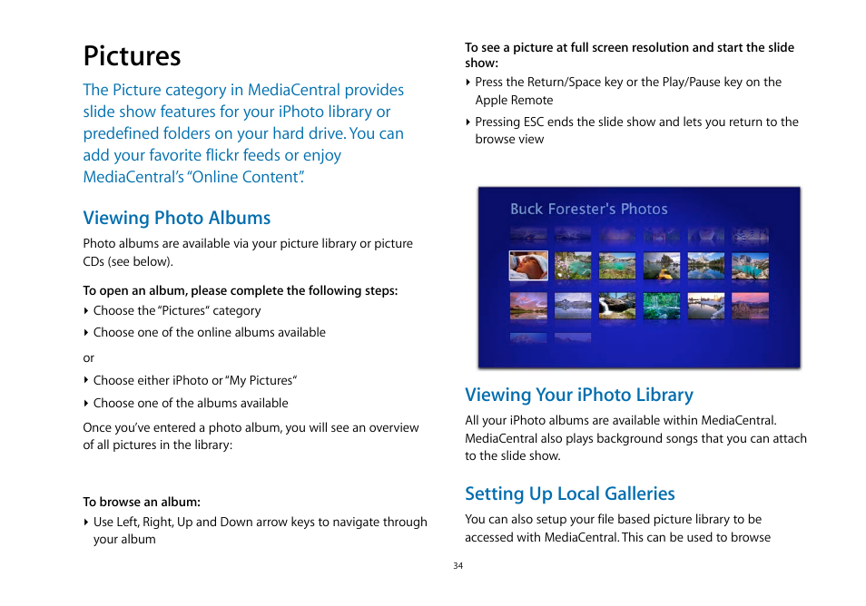Pictures, Viewing photo albums, Viewing your iphoto library | Setting up local galleries | equinux MediaCentral 2.8.10 User Manual | Page 34 / 46