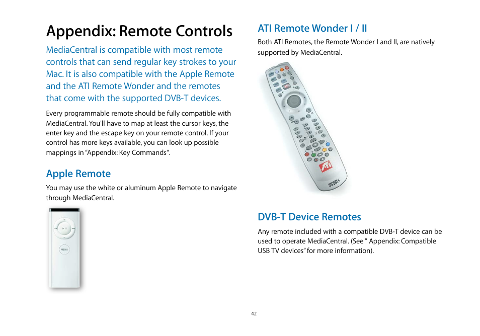 Appendix: remote controls, Apple remote, Ati remote wonder i / ii | Dvb-t device remotes | equinux MediaCentral 2.8.10 User Manual | Page 42 / 46