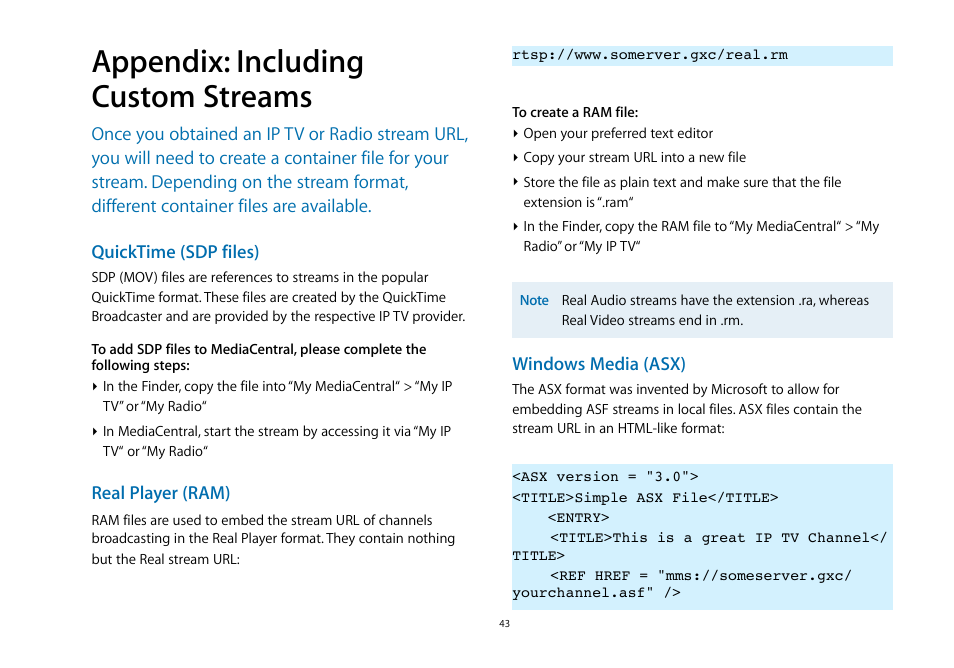 Appendix: including custom streams, Quicktime (sdp files), Real player (ram) | Windows media (asx) | equinux MediaCentral 2.8.10 User Manual | Page 43 / 46