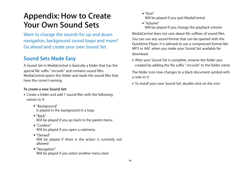 Appendix: how to create your own sound sets 46, Sound sets made easy, Appendix: how to create your own sound sets | equinux MediaCentral 2.8.10 User Manual | Page 46 / 46