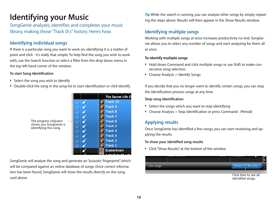 Identifying your music, Identifying individual songs, Identifying multiple songs | Applying results | equinux SongGenie 2.2.7 User Manual | Page 10 / 24