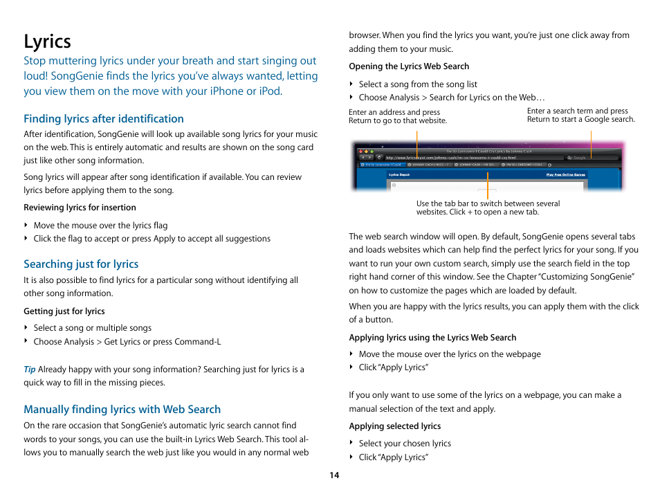 Lyrics, Finding lyrics after identification, Searching just for lyrics | Manually finding lyrics with web search | equinux SongGenie 2.2.7 User Manual | Page 14 / 24