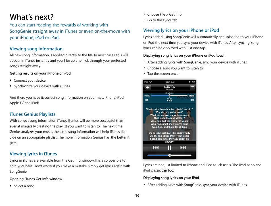 What’s next, Viewing song information, Itunes genius playlists | Viewing lyrics in itunes, Viewing lyrics on your iphone or ipod | equinux SongGenie 2.2.7 User Manual | Page 16 / 24