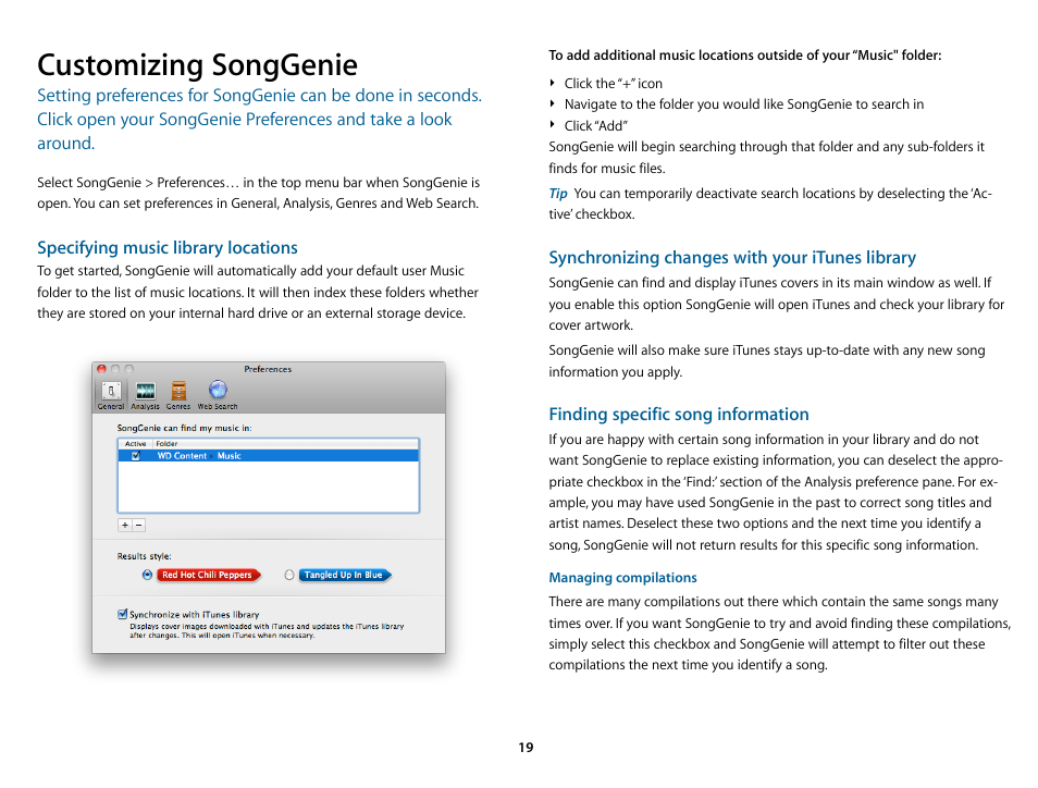 Customizing songgenie, Specifying music library locations, Synchronizing changes with your itunes library | Finding specific song information | equinux SongGenie 2.2.7 User Manual | Page 19 / 24