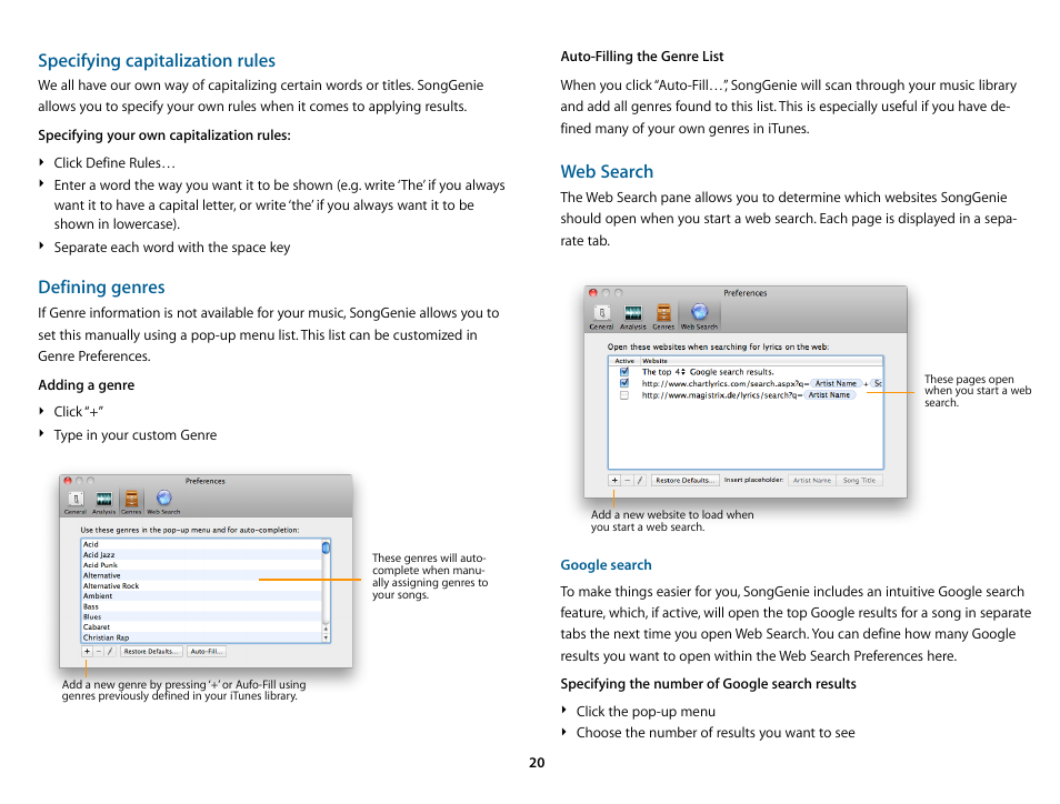 Specifying capitalization rules, Defining genres, Web search | equinux SongGenie 2.2.7 User Manual | Page 20 / 24