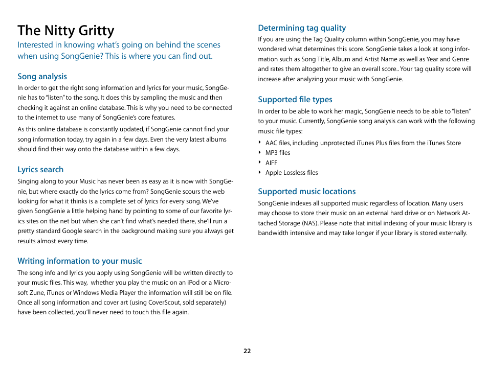 The nitty gritty, Song analysis, Lyrics search | Writing information to your music, Determining tag quality, Supported file types, Supported music locations | equinux SongGenie 2.2.7 User Manual | Page 22 / 24