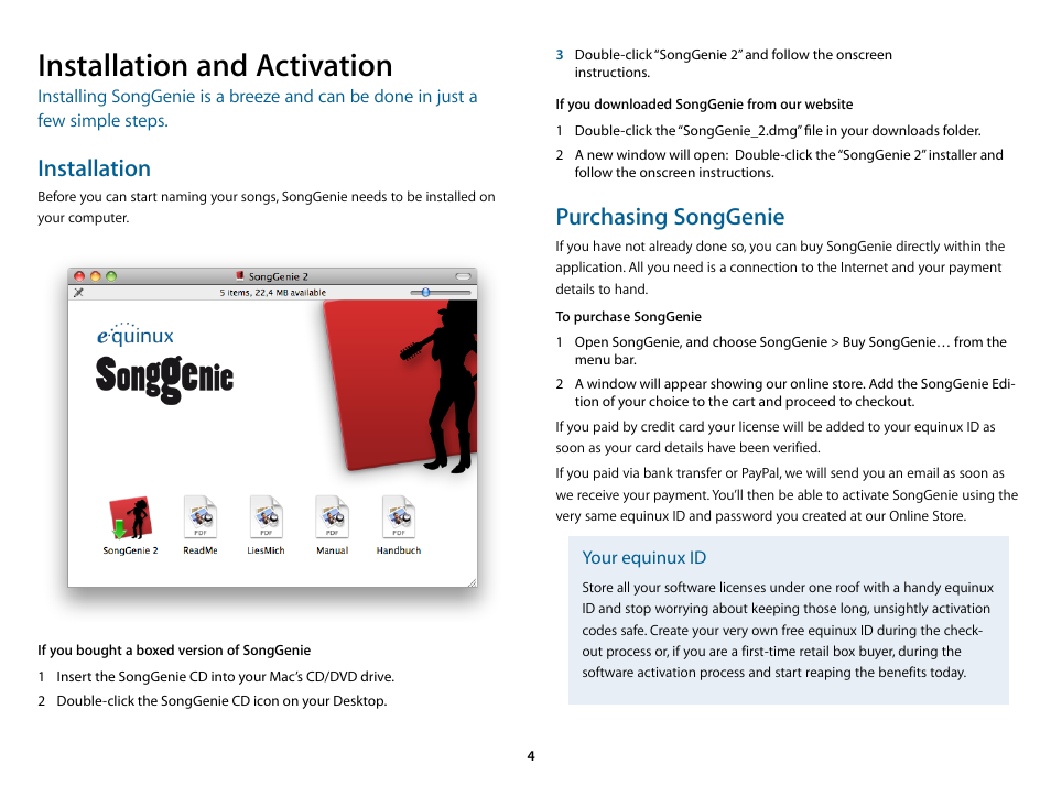 Installation and activation, Installation, Purchasing songgenie | equinux SongGenie 2.2.7 User Manual | Page 4 / 24