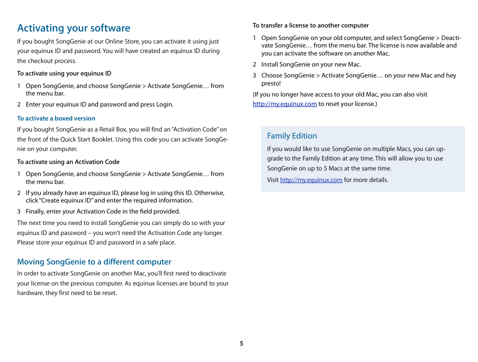 Activating your software, Moving songgenie to a different computer, Family edition | equinux SongGenie 2.2.7 User Manual | Page 5 / 24