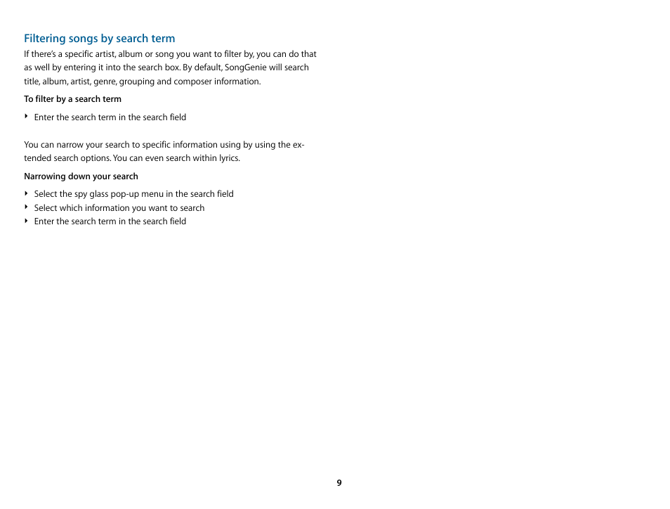 Filtering songs by search term | equinux SongGenie 2.2.7 User Manual | Page 9 / 24