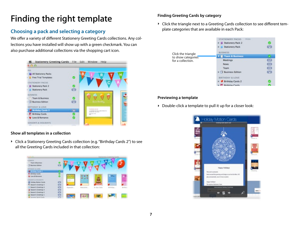 Finding the right template, Show all templates in a collection, Finding greeting cards by category | Previewing a template | equinux Stationery Greeting Cards 2.21.0 User Manual | Page 7 / 13