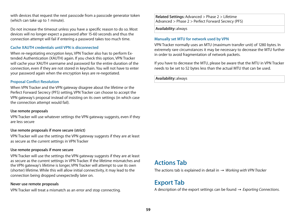 Actions tab, Export tab | equinux VPN Tracker 6.4.6 User Manual | Page 59 / 78
