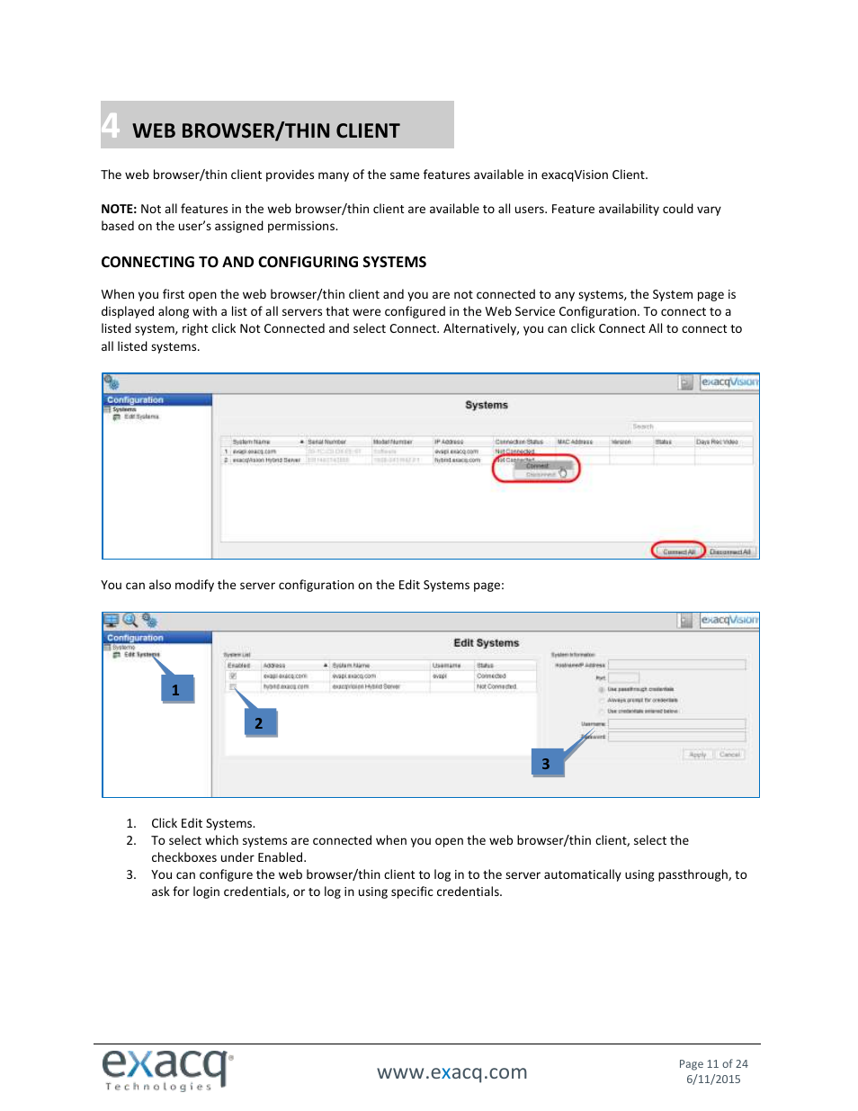 4 web browser/thin client, Connecting to and configuring systems, Web browser/thin client | Exacq exacqVision Web Service User Manual User Manual | Page 11 / 24