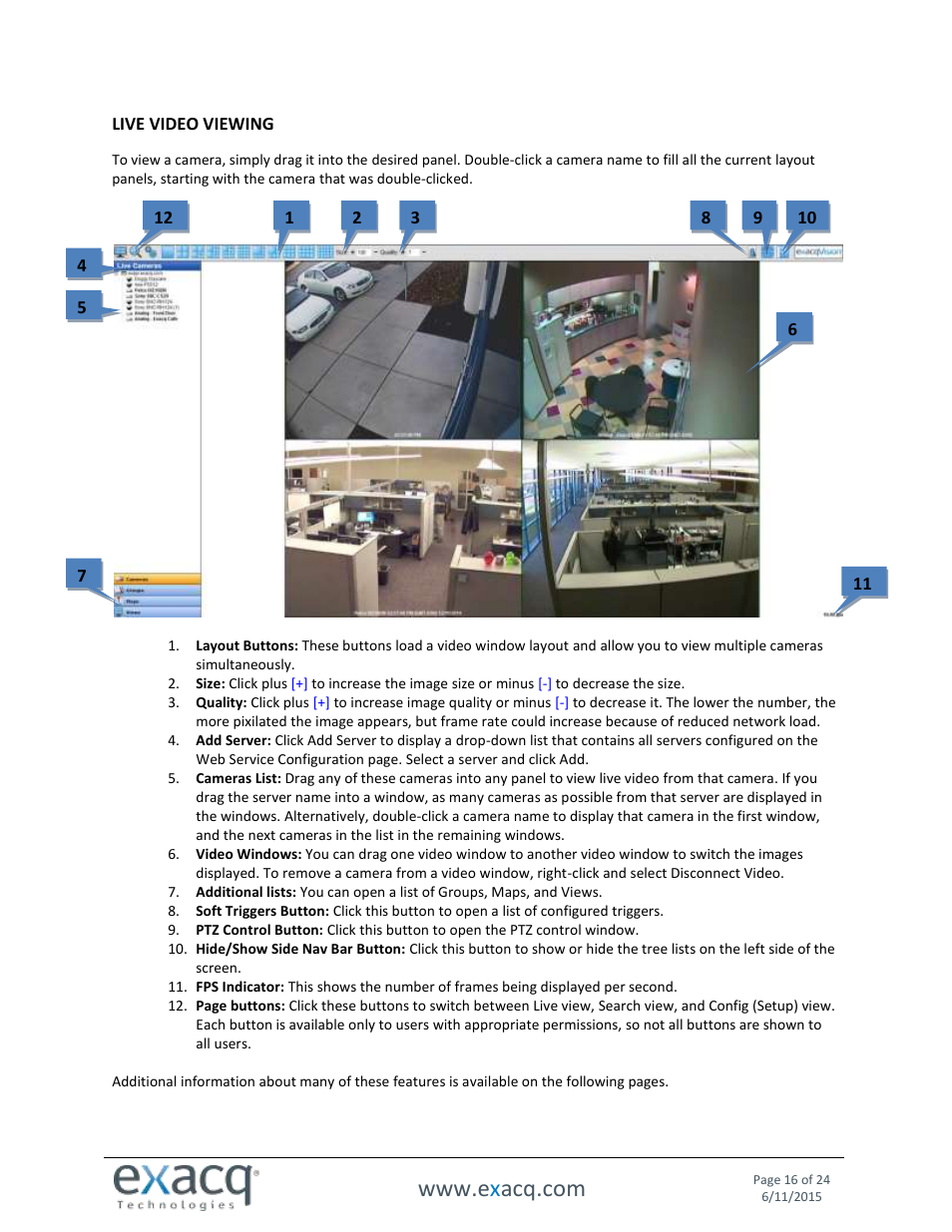 Live video viewing | Exacq exacqVision Web Service User Manual User Manual | Page 16 / 24