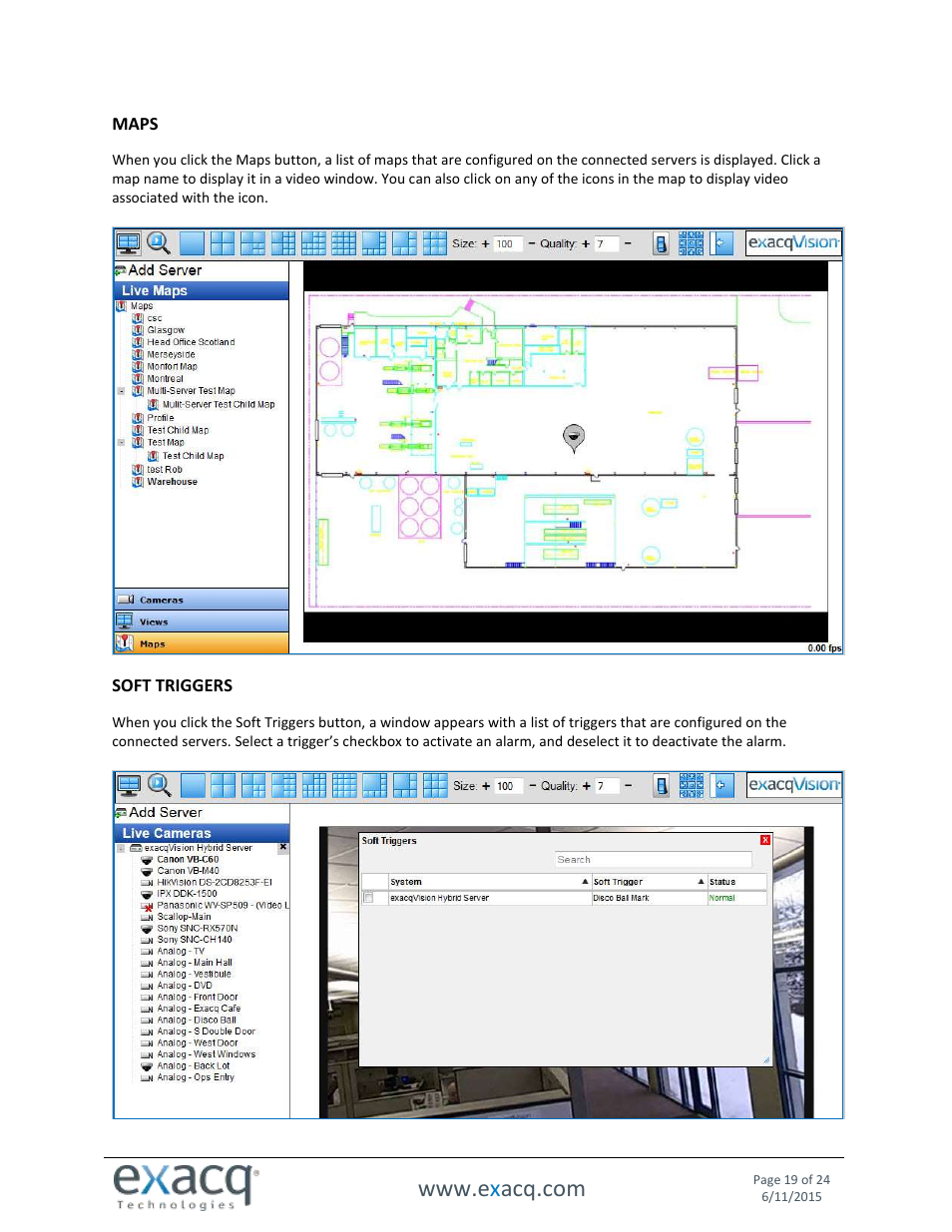 Maps, Soft triggers | Exacq exacqVision Web Service User Manual User Manual | Page 19 / 24