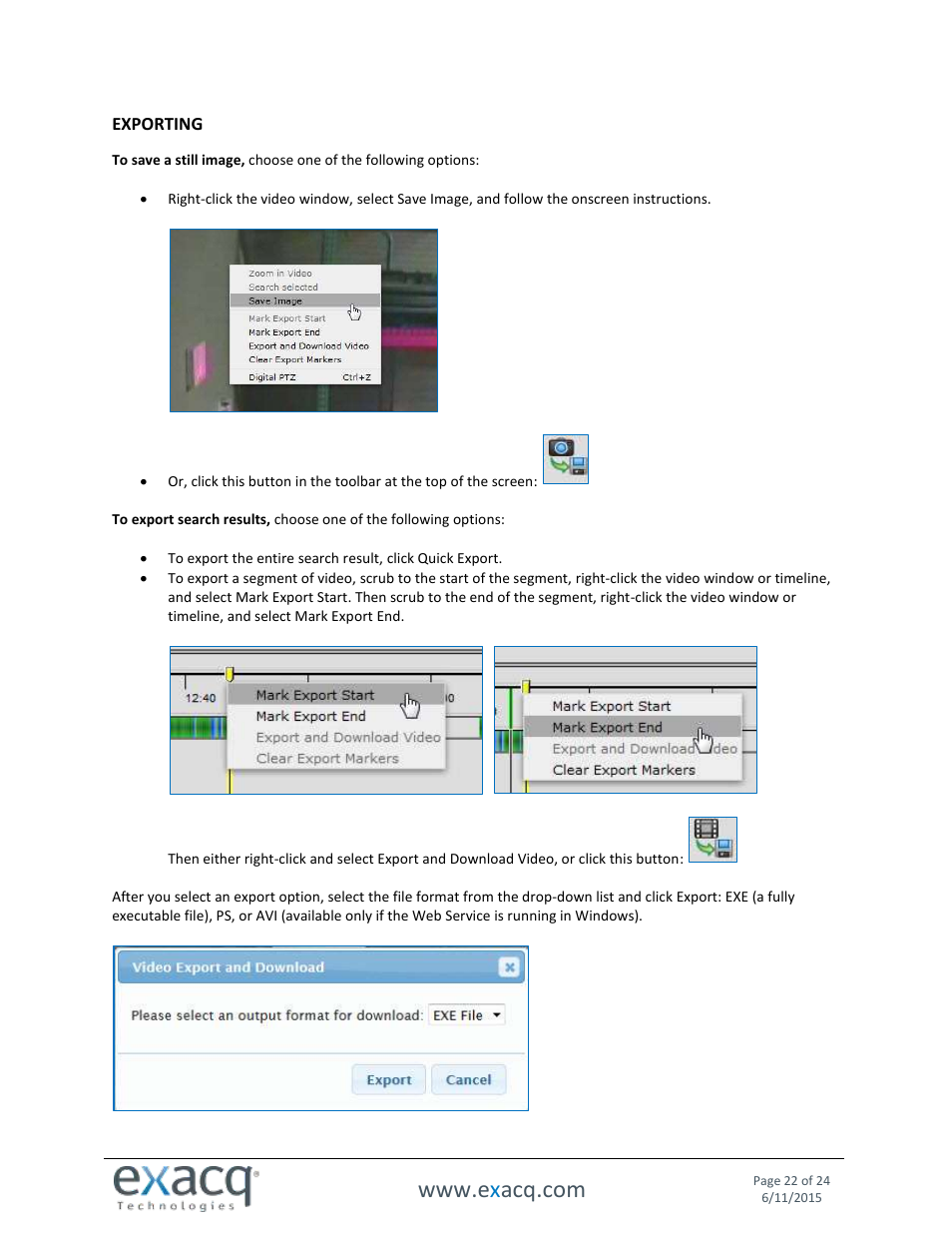 Exporting | Exacq exacqVision Web Service User Manual User Manual | Page 22 / 24