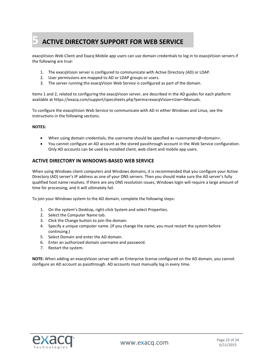 5 active directory support for web service, Active directory in windows-based web service, Active directory support for web service | Exacq exacqVision Web Service User Manual User Manual | Page 23 / 24