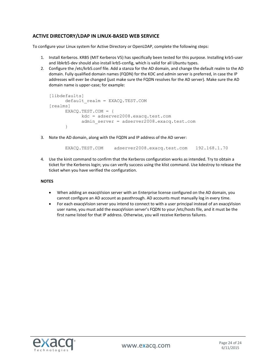 Active directory/ldap in linux-based web service | Exacq exacqVision Web Service User Manual User Manual | Page 24 / 24