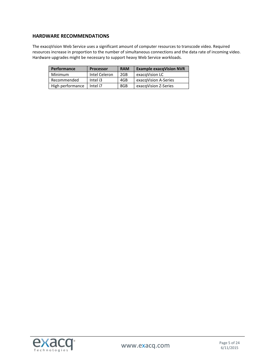 Hardware recommendations | Exacq exacqVision Web Service User Manual User Manual | Page 5 / 24