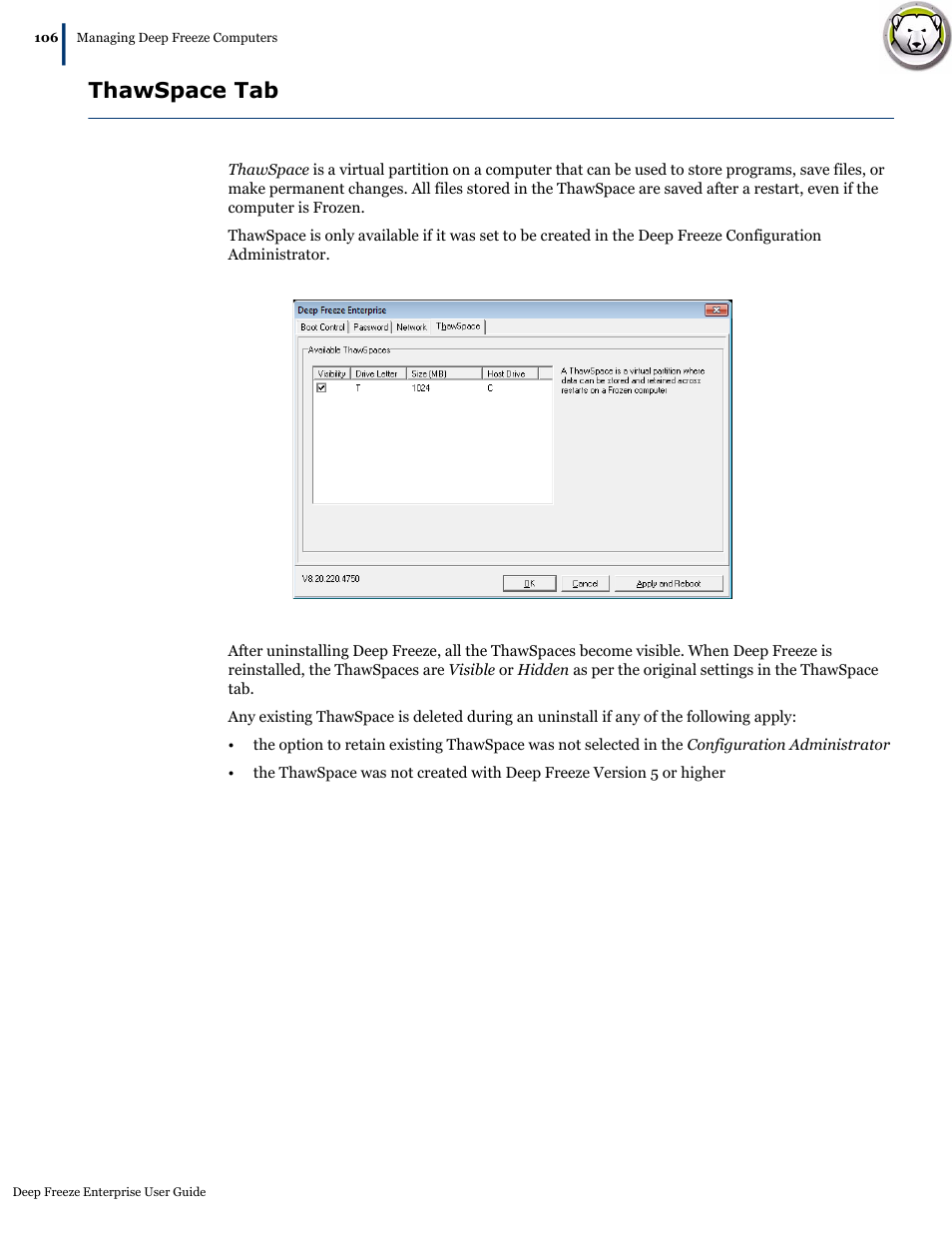 Thawspace tab | Faronics Deep Freeze Enterprise User Manual | Page 106 / 184