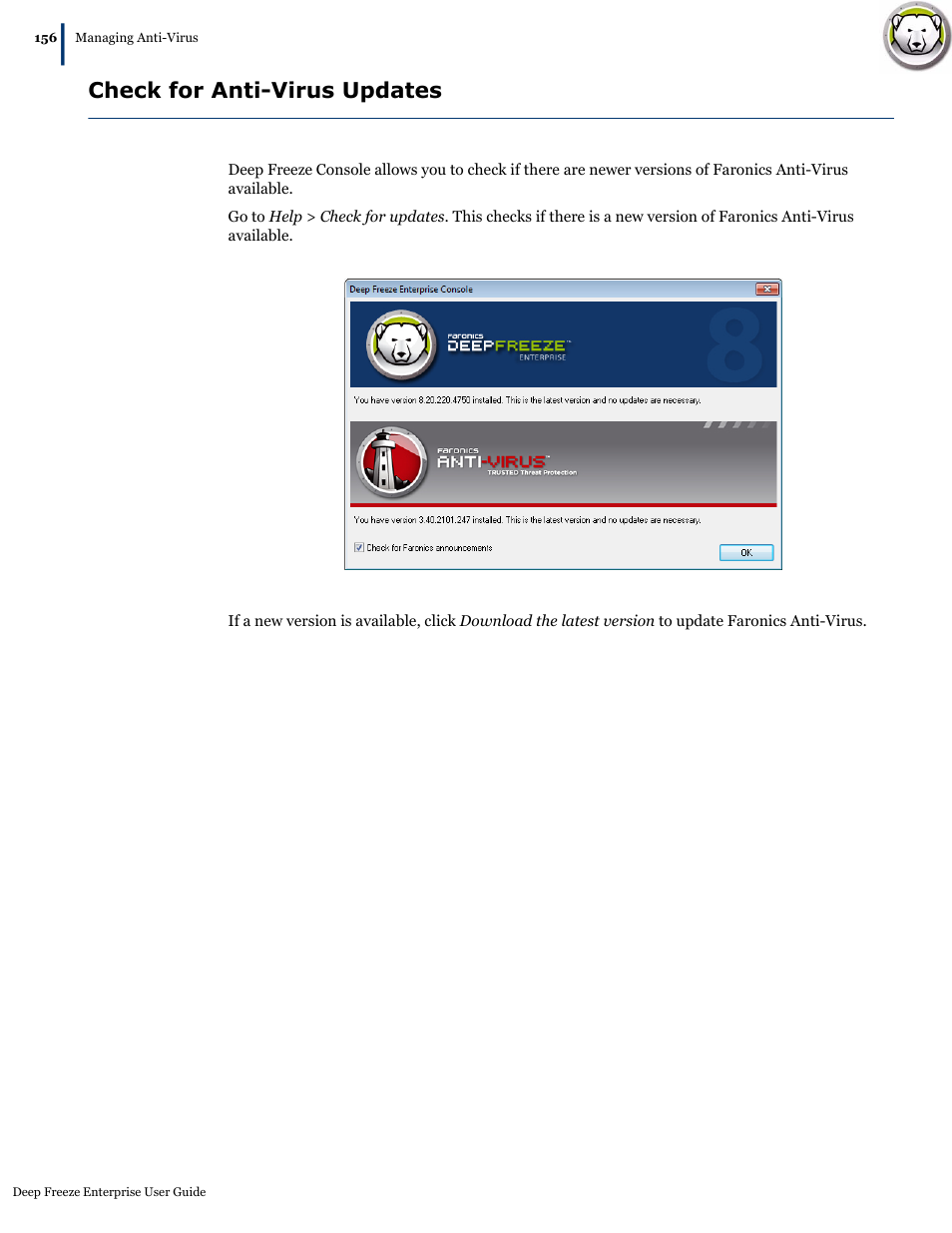 Check for anti-virus updates | Faronics Deep Freeze Enterprise User Manual | Page 156 / 184