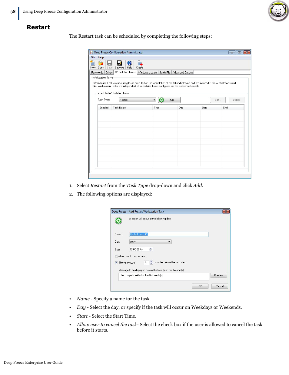 Restart | Faronics Deep Freeze Enterprise User Manual | Page 38 / 184