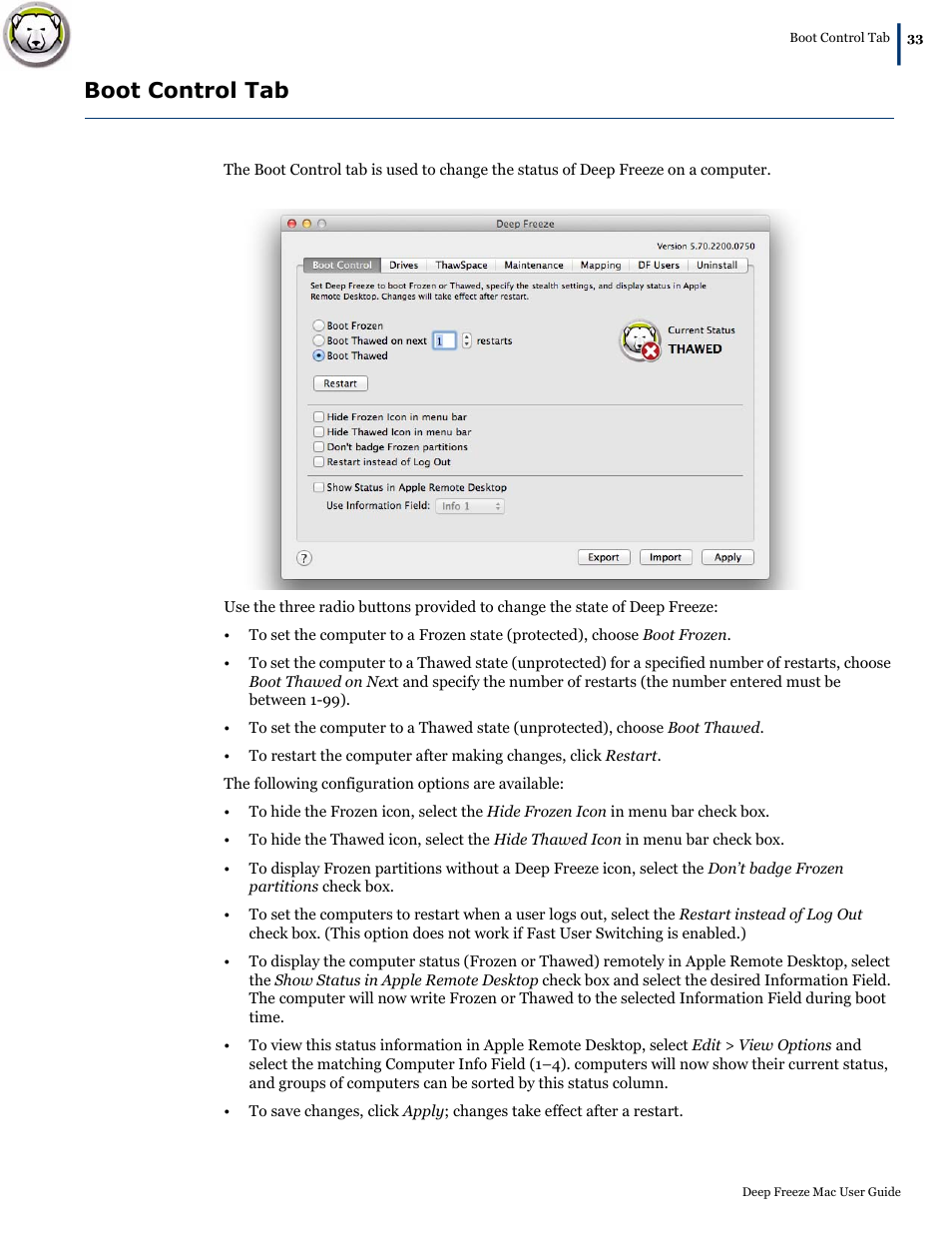 Boot control tab | Faronics Deep Freeze Mac User Manual | Page 33 / 66