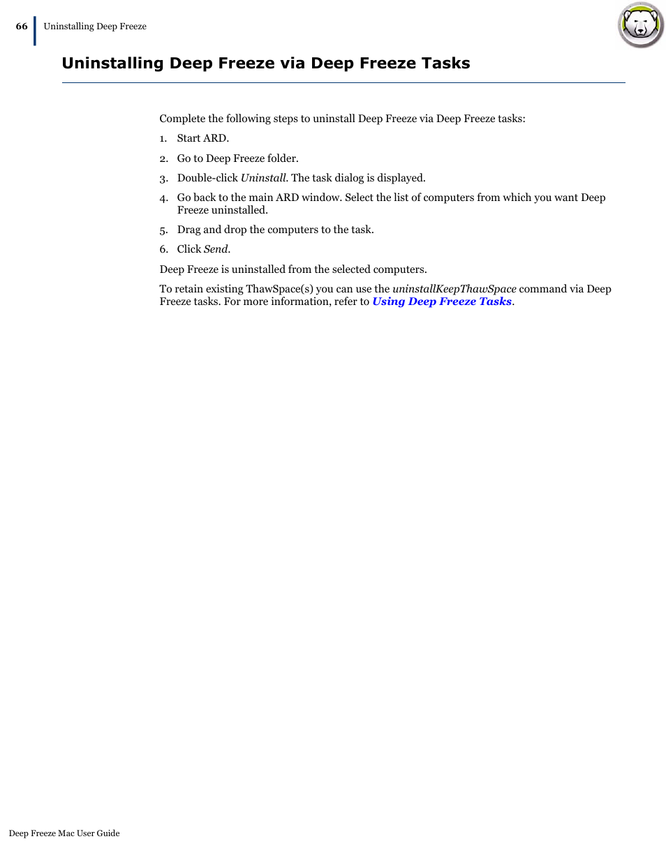 Uninstalling deep freeze via deep freeze tasks | Faronics Deep Freeze Mac User Manual | Page 66 / 66
