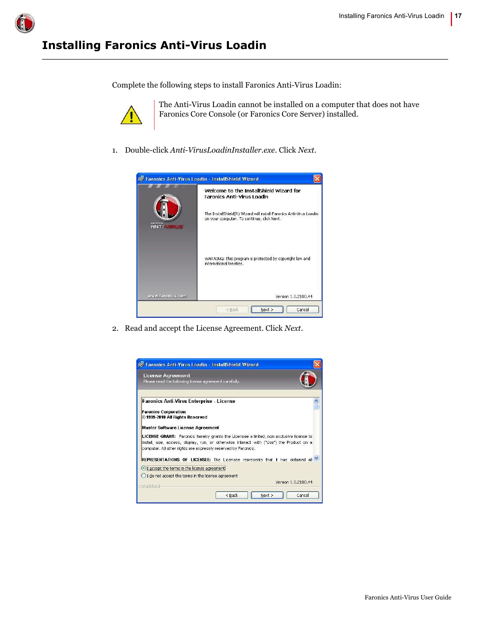 Installing faronics anti-virus loadin | Faronics Anti-Virus Enterprise User Manual | Page 17 / 86