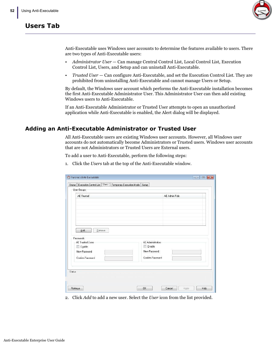Users tab | Faronics Anti-Executable Enterprise/Server User Manual | Page 52 / 70
