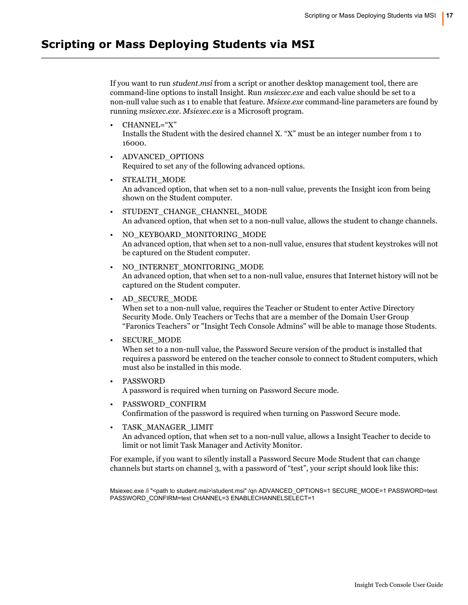 Scripting or mass deploying students via msi | Faronics Insight Tech Console User Manual | Page 17 / 54