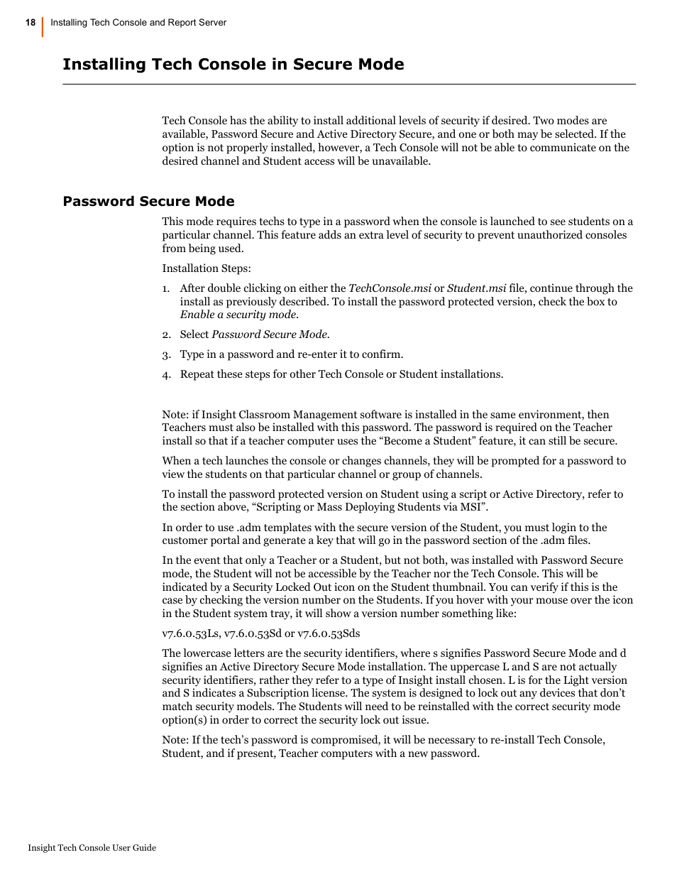 Installing tech console in secure mode, Password secure mode | Faronics Insight Tech Console User Manual | Page 18 / 54