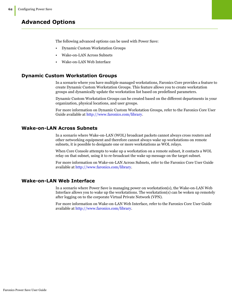 Advanced options, Dynamic custom workstation groups, Wake-on-lan across subnets | Wake-on-lan web interface | Faronics Power Save User Manual | Page 62 / 82