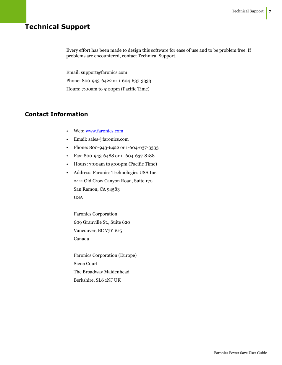 Technical support, Contact information | Faronics Power Save User Manual | Page 7 / 82