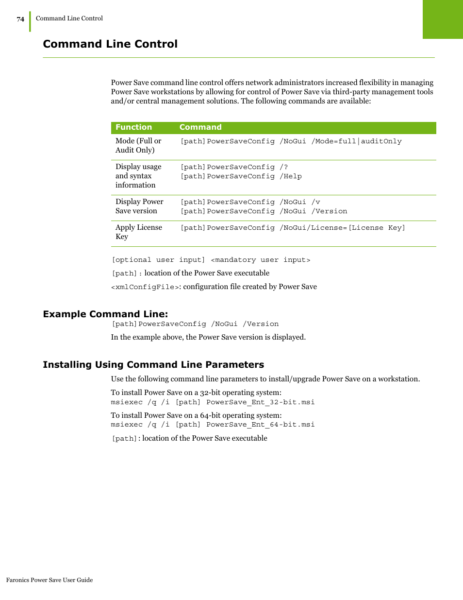 Command line control, Example command line, Installing using command line parameters | Faronics Power Save User Manual | Page 74 / 82