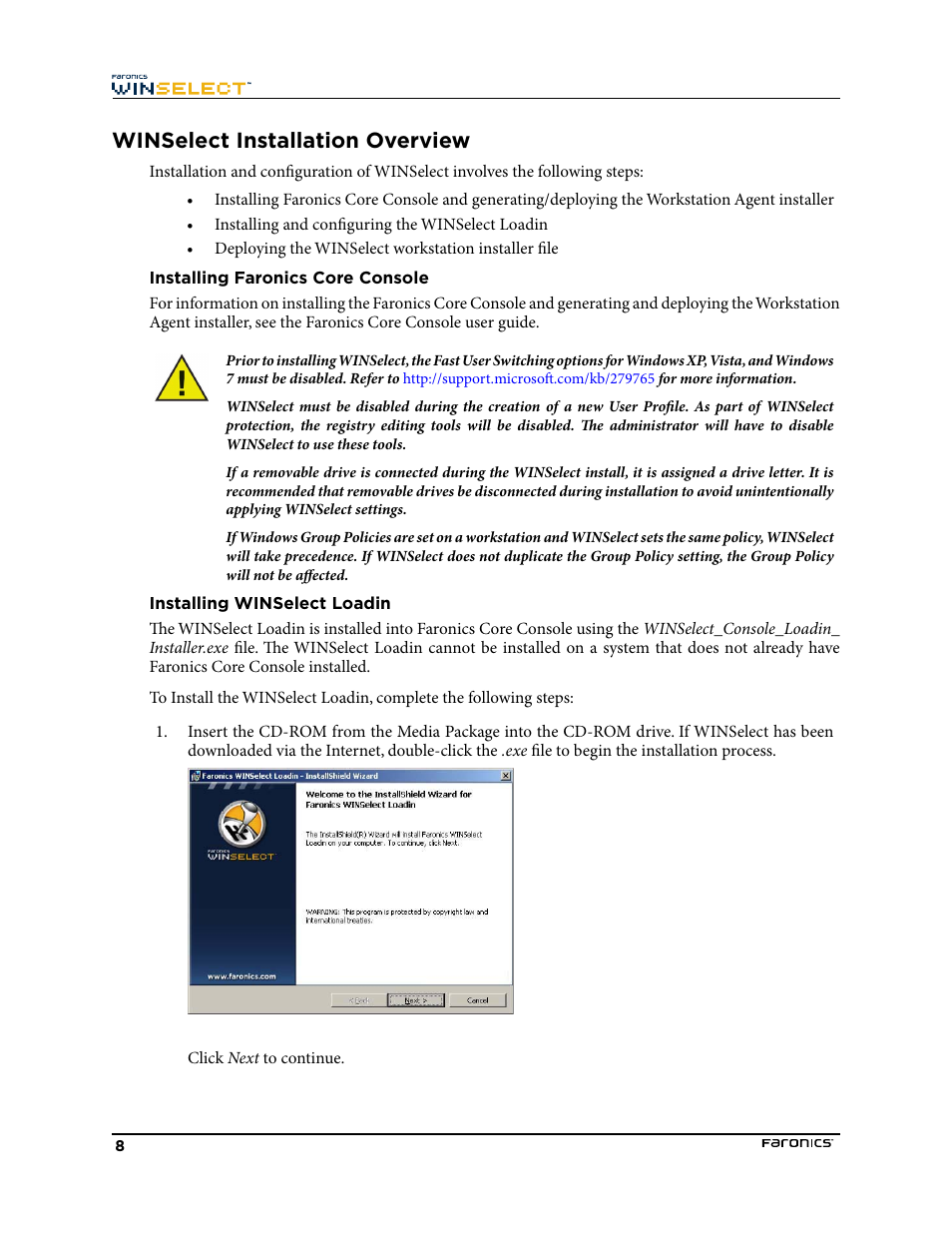 Winselect installation overview, Installing faronics core console, Installing winselect loadin | Faronics WINSelect Enterprise User Manual | Page 8 / 40