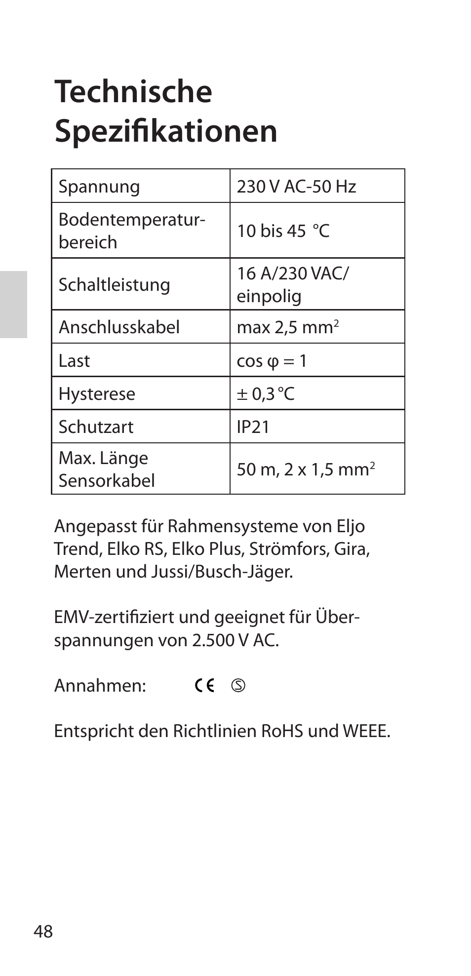 Technische spezifikationen | Fenix Therm 105 User Manual | Page 50 / 84