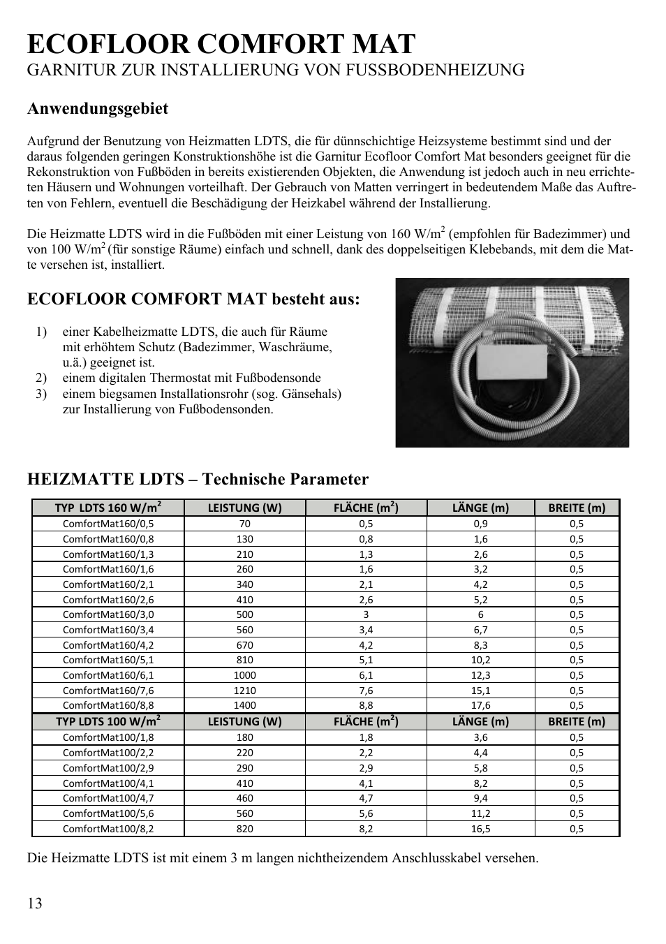 Ecofloor comfort mat, Garnitur zur installierung von fussbodenheizung, Anwendungsgebiet | Ecofloor comfort mat besteht aus, Heizmatte ldts – technische parameter | Fenix ECOFLOOR Comfort Mat User Manual | Page 13 / 24