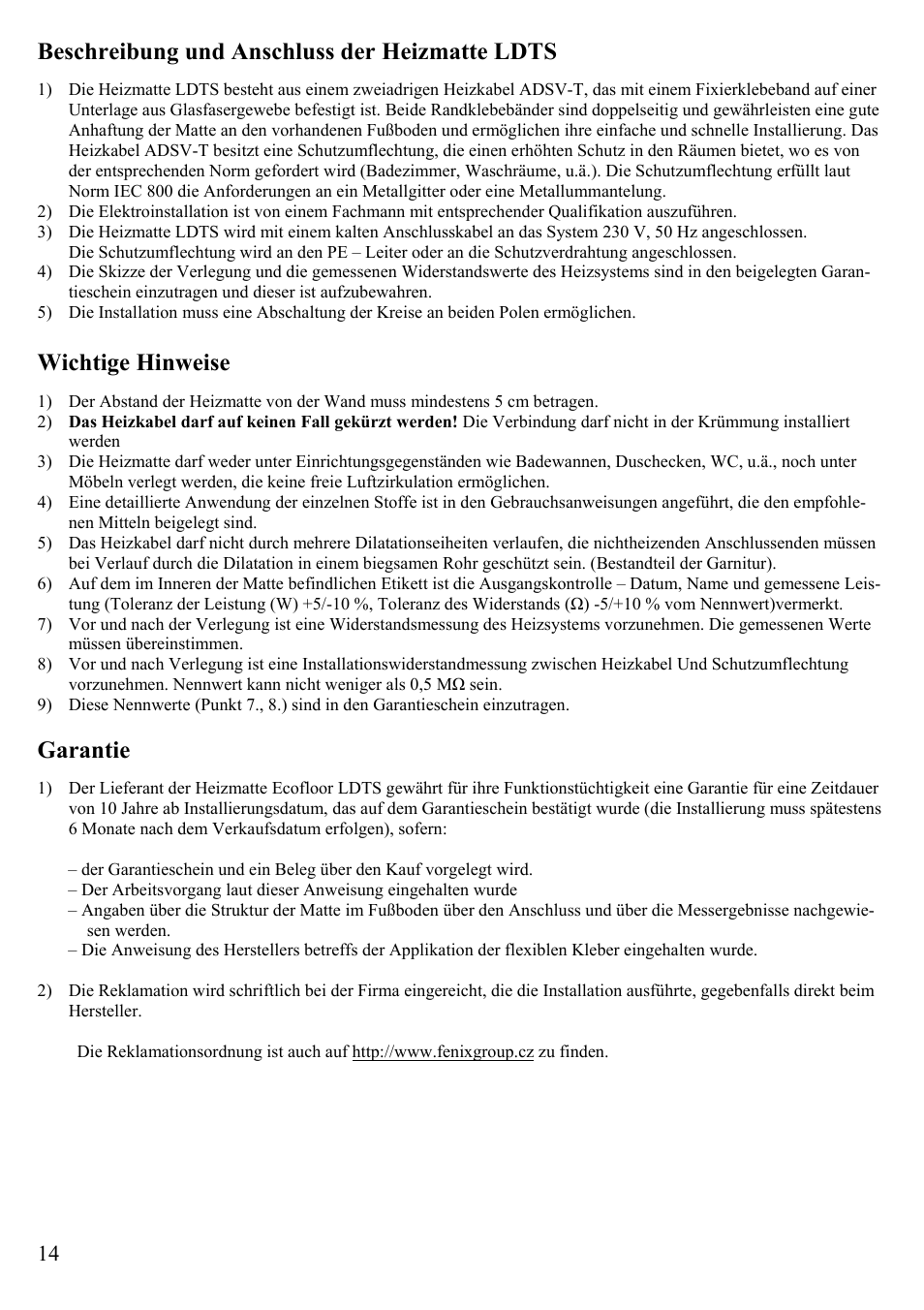 Beschreibung und anschluss der heizmatte ldts, Wichtige hinweise, Garantie | Fenix ECOFLOOR Comfort Mat User Manual | Page 14 / 24
