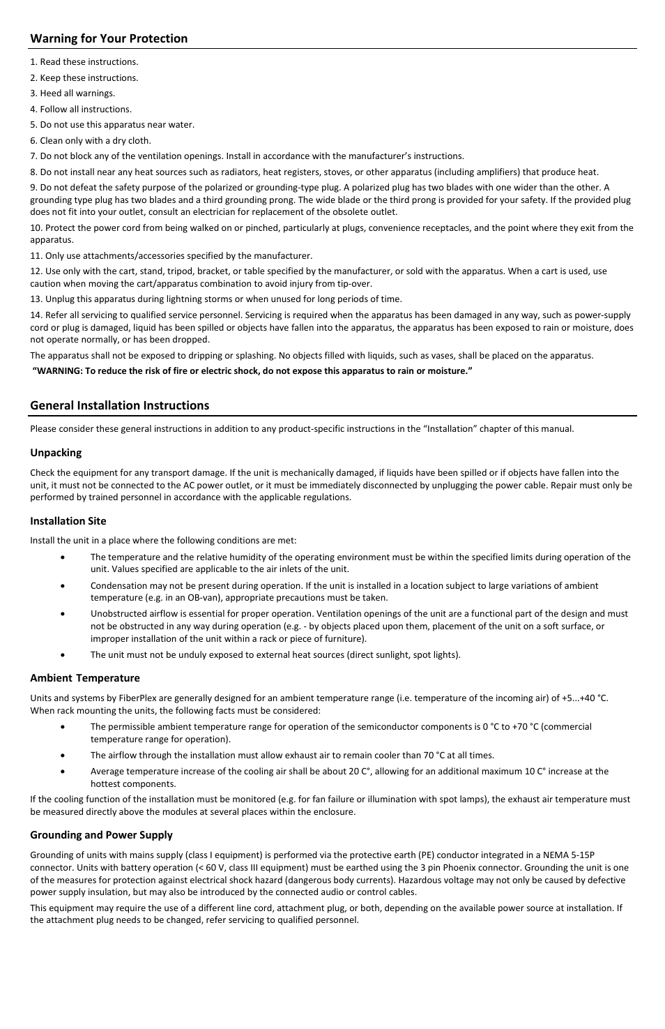 Warning for your protection, General installation instructions | FiberPlex PSQ-2909 User Manual | Page 3 / 8