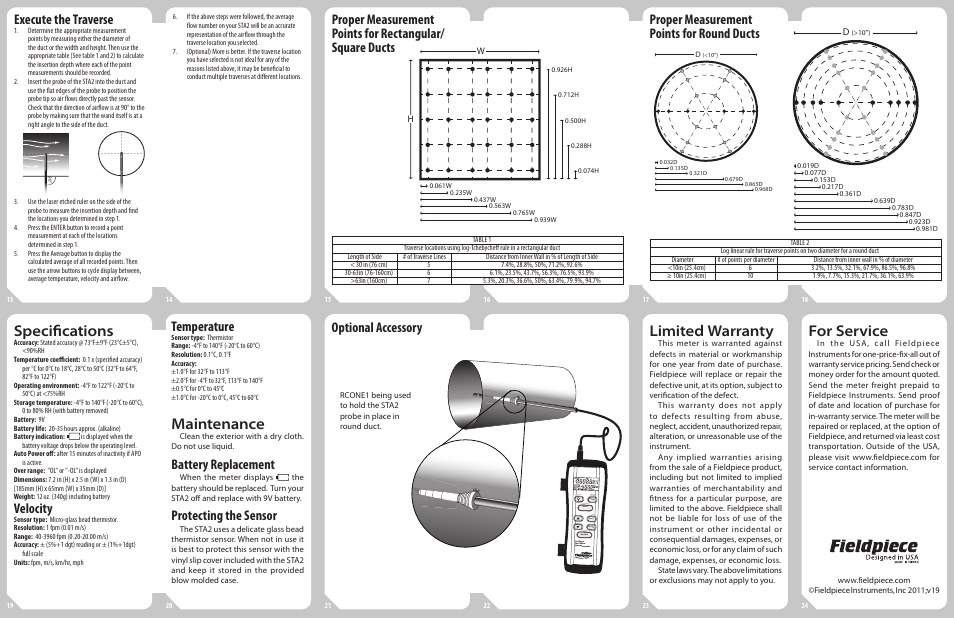 Specifications, Maintenance, Limited warranty | For service, Execute the traverse, Proper measurement points for round ducts, Velocity, Temperature, Battery replacement, Protecting the sensor | Fieldpiece STA2 - In Duct Hot-wire Anemometer User Manual | Page 2 / 2