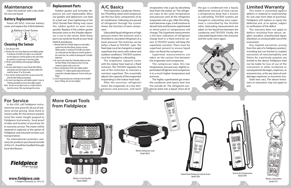 Maintenance, A/c basics, Limited warranty | For service, More great tools from fieldpiece, Battery replacement, Cleaning the sensor, Replacement parts, Battery cover screw | Fieldpiece SVG3 - Digital Micron Vacuum Gauge User Manual | Page 2 / 2