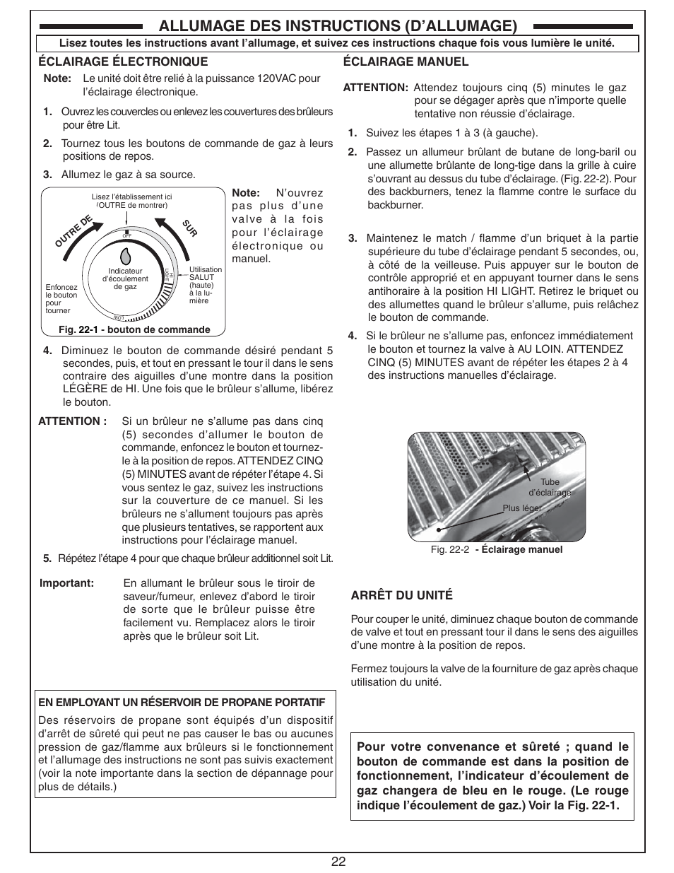 Allumage des instructions (d’allumage), Arrêt du unité, Éclairage électronique | Éclairage manuel | Fire Magic Echelon Diamond Built-In Grill User Manual | Page 22 / 40