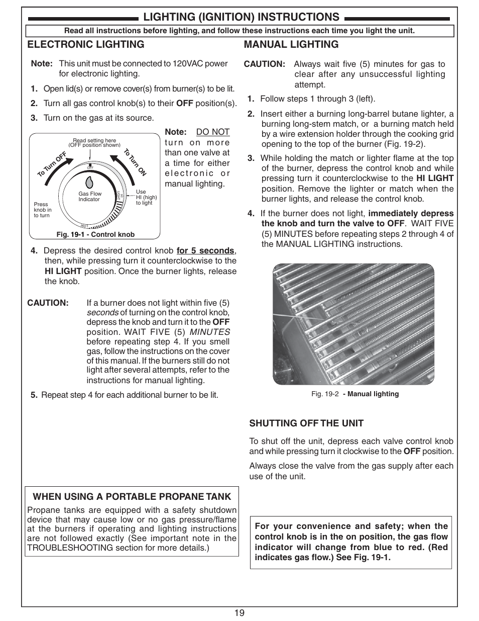 Lighting (ignition) instructions, Electronic lighting, Manual lighting | 19 shutting off the unit, When using a portable propane tank | Fire Magic Diamond Double Searing Station 32884-1(P) User Manual | Page 19 / 26