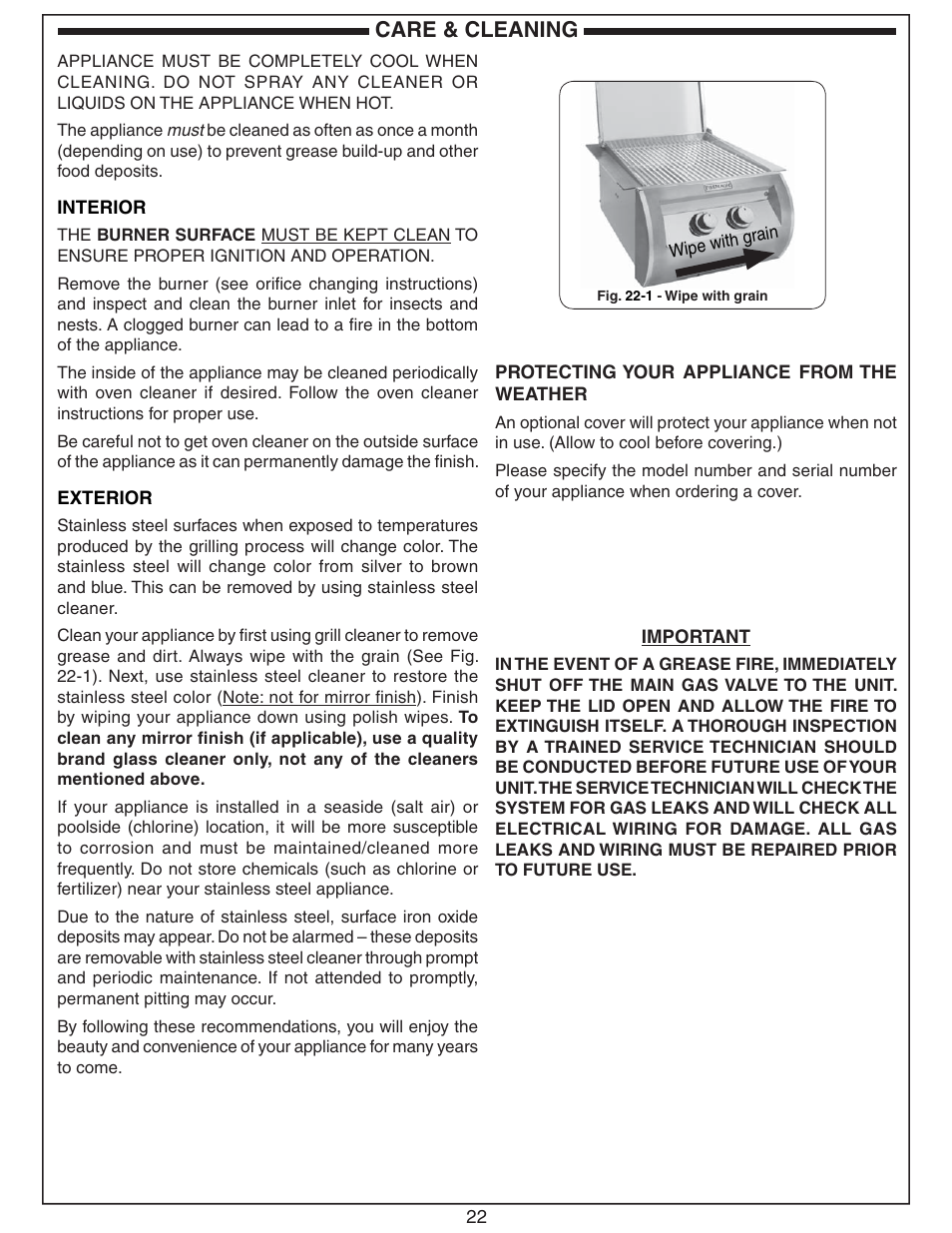 Care & cleaning | Fire Magic Diamond Double Searing Station 32884-1(P) User Manual | Page 22 / 26