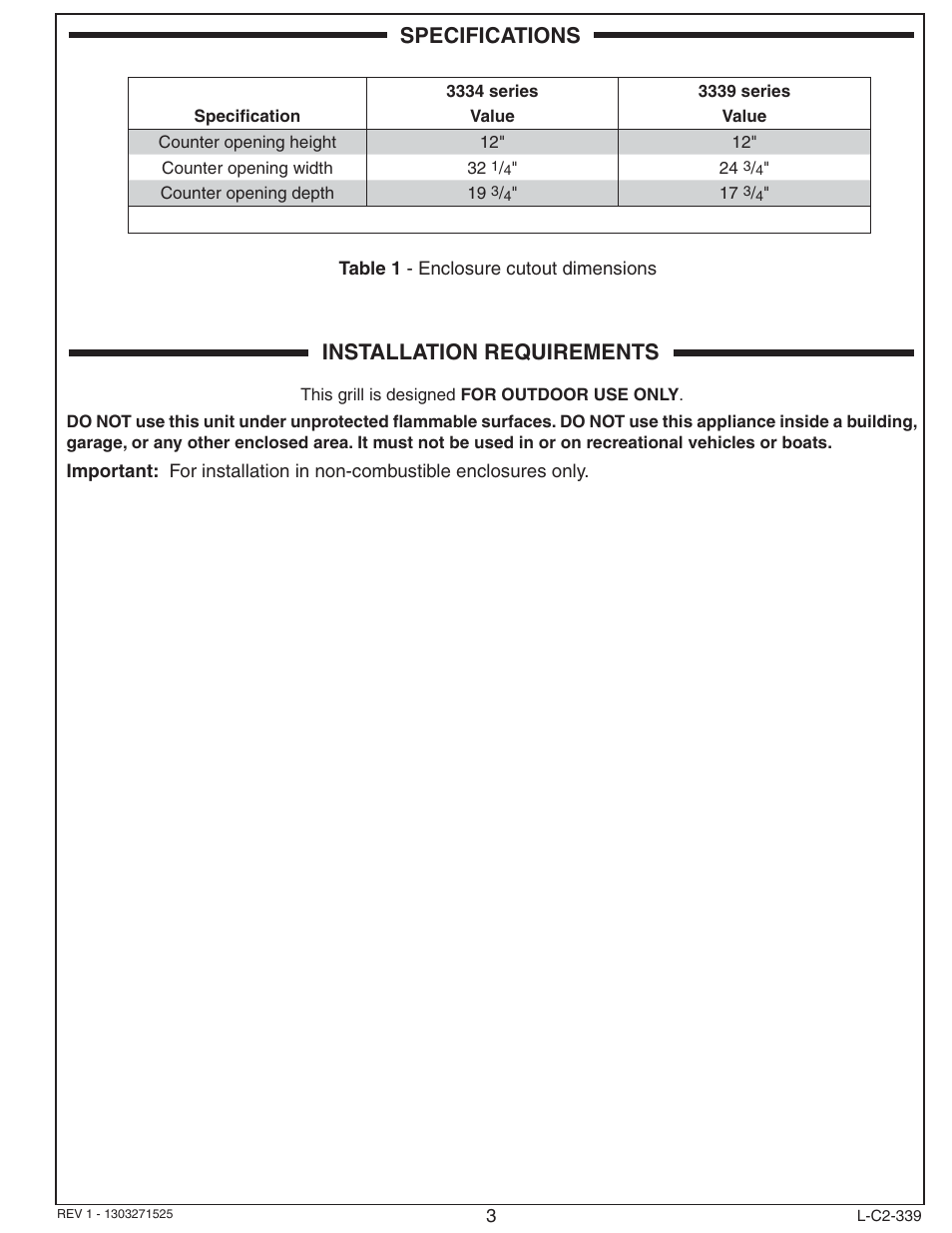 Specifications, Installation requirements | Fire Magic Lift-A-Fire Built-in Charcoal Grill 3334 User Manual | Page 3 / 8