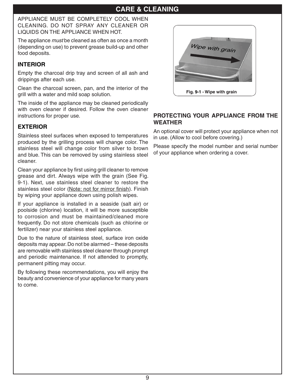 Care & cleaning | Fire Magic Gourmet Stainless Steel Charcoal Barbecue User Manual | Page 9 / 10