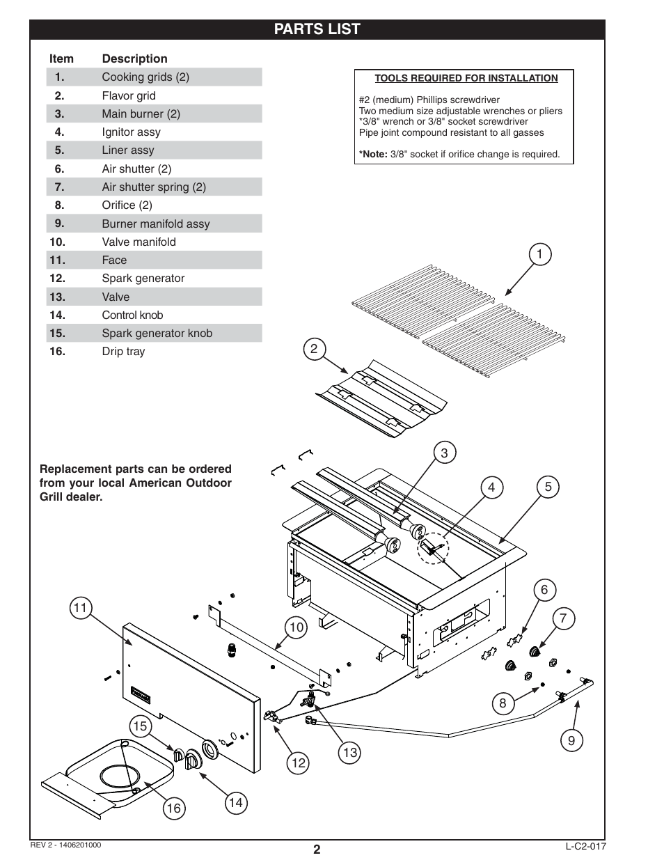 Parts list | Fire Magic Deluxe Classic Series 42,000 BTU User Manual | Page 2 / 10