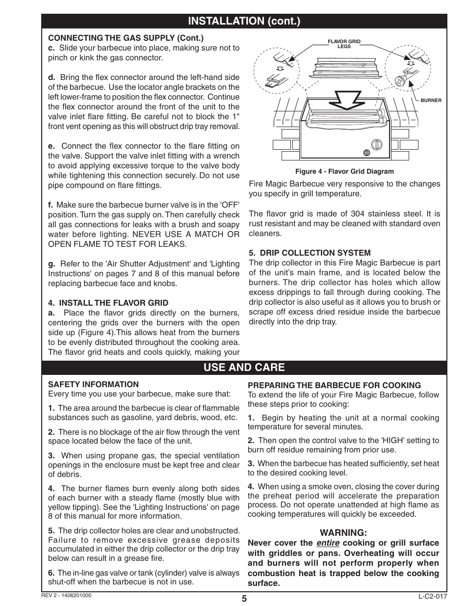 Installation (cont.) use and care | Fire Magic Deluxe Classic Series 42,000 BTU User Manual | Page 5 / 10